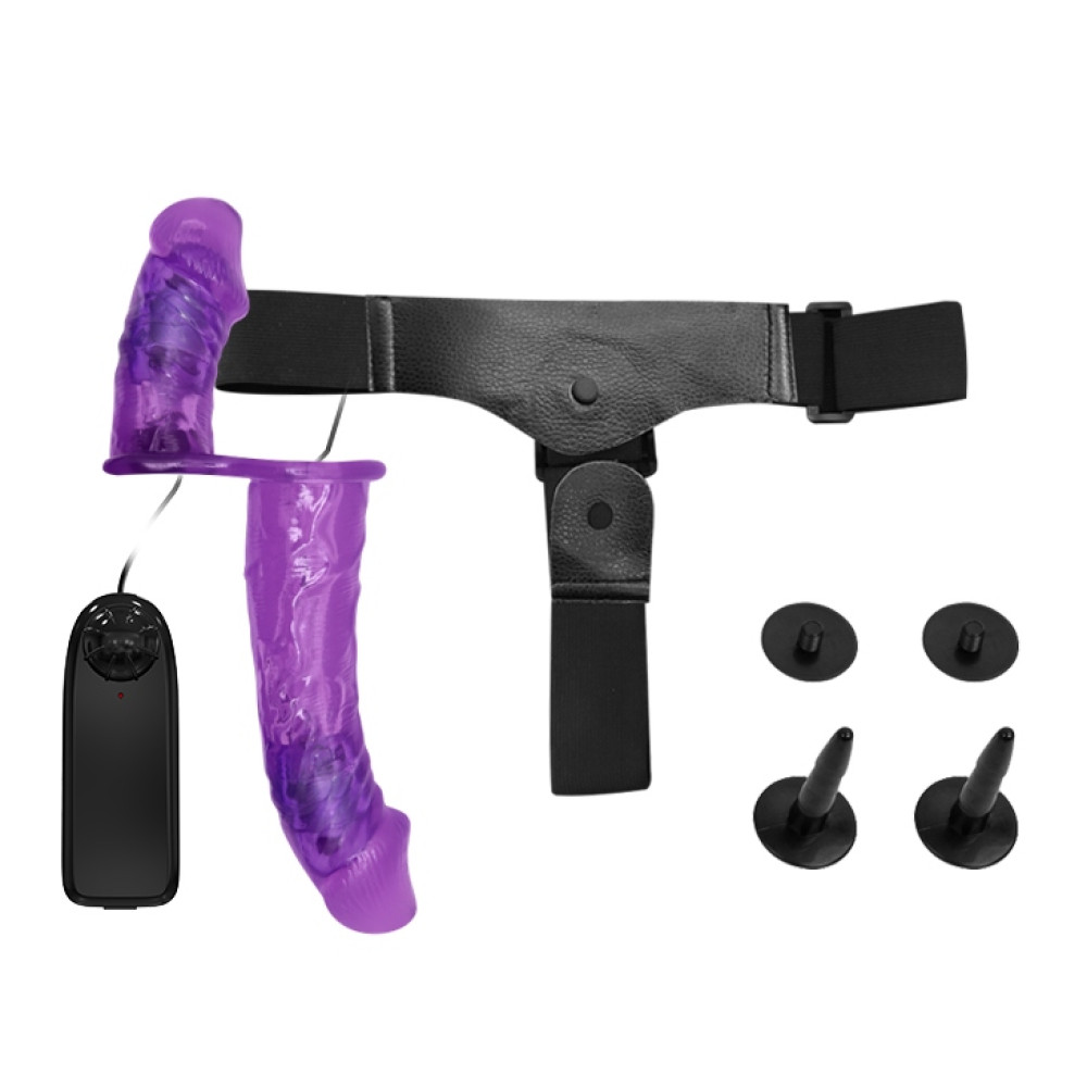 Двойной страпон BAILE Ultra с вибрацией и пультом, фиолетовый, 17.5 х 4.5 см фото №6 — секс игрушки: Украина, NO TABOO