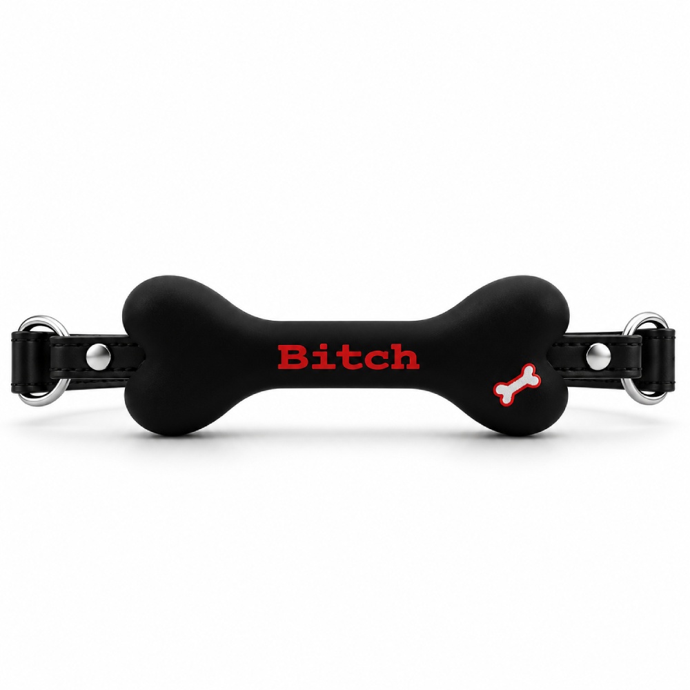 Кляп в виде кости DS Fetish с надписью BITCH, черный, фото №2 — секс шоп Украина, NO TABOO