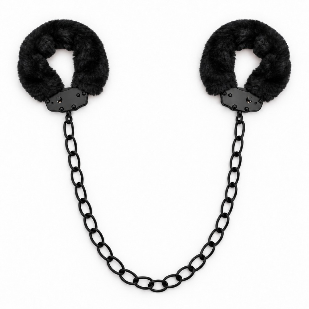 Наручники-поножи WOW Fetish металлические, с черным мехом, черные, фото №2 — секс шоп Украина, NO TABOO