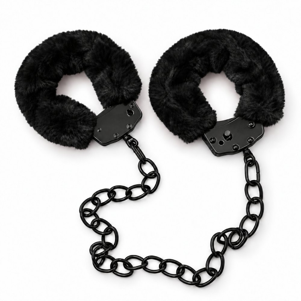Наручники-поножи WOW Fetish металлические, с черным мехом, черные, фото №3 — секс шоп Украина, NO TABOO