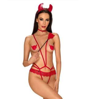 Женский костюм дьявола Obsessive Evilia Teddy, крассный, L/XL - No Taboo