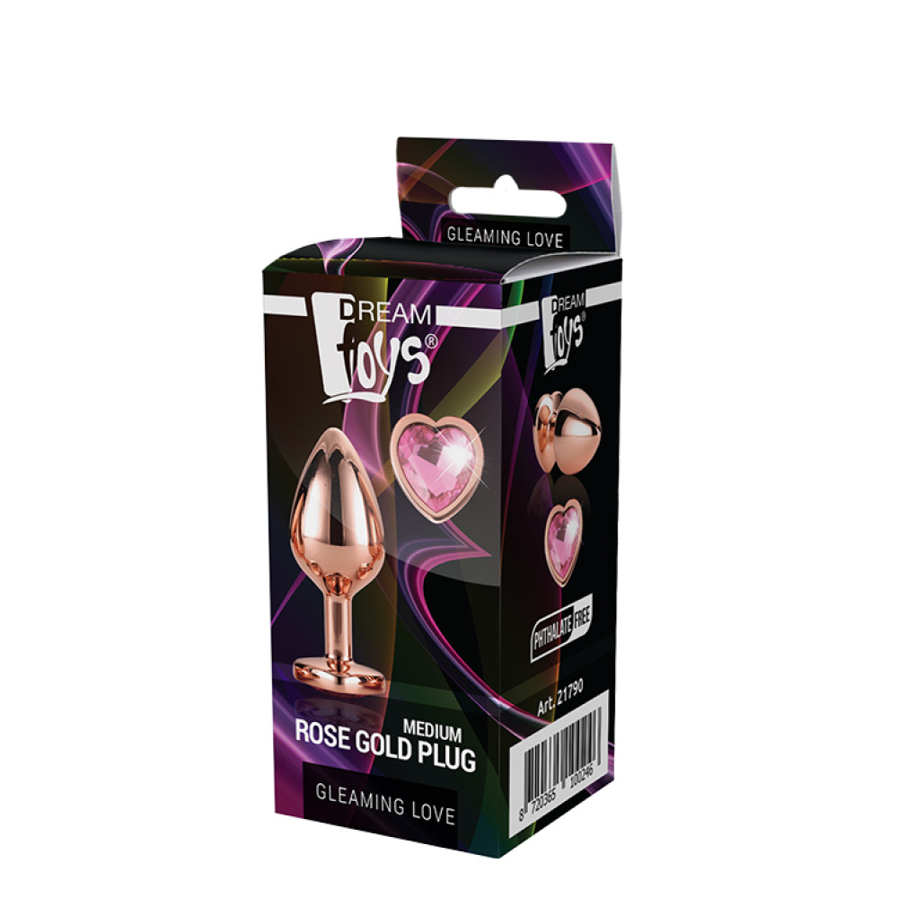 Анальная пробка M, Dream Toys, 8.3 х 3.4 см, с розовым камнем в форме сердца, золотая фото №2 — секс игрушки: Украина, NO TABOO