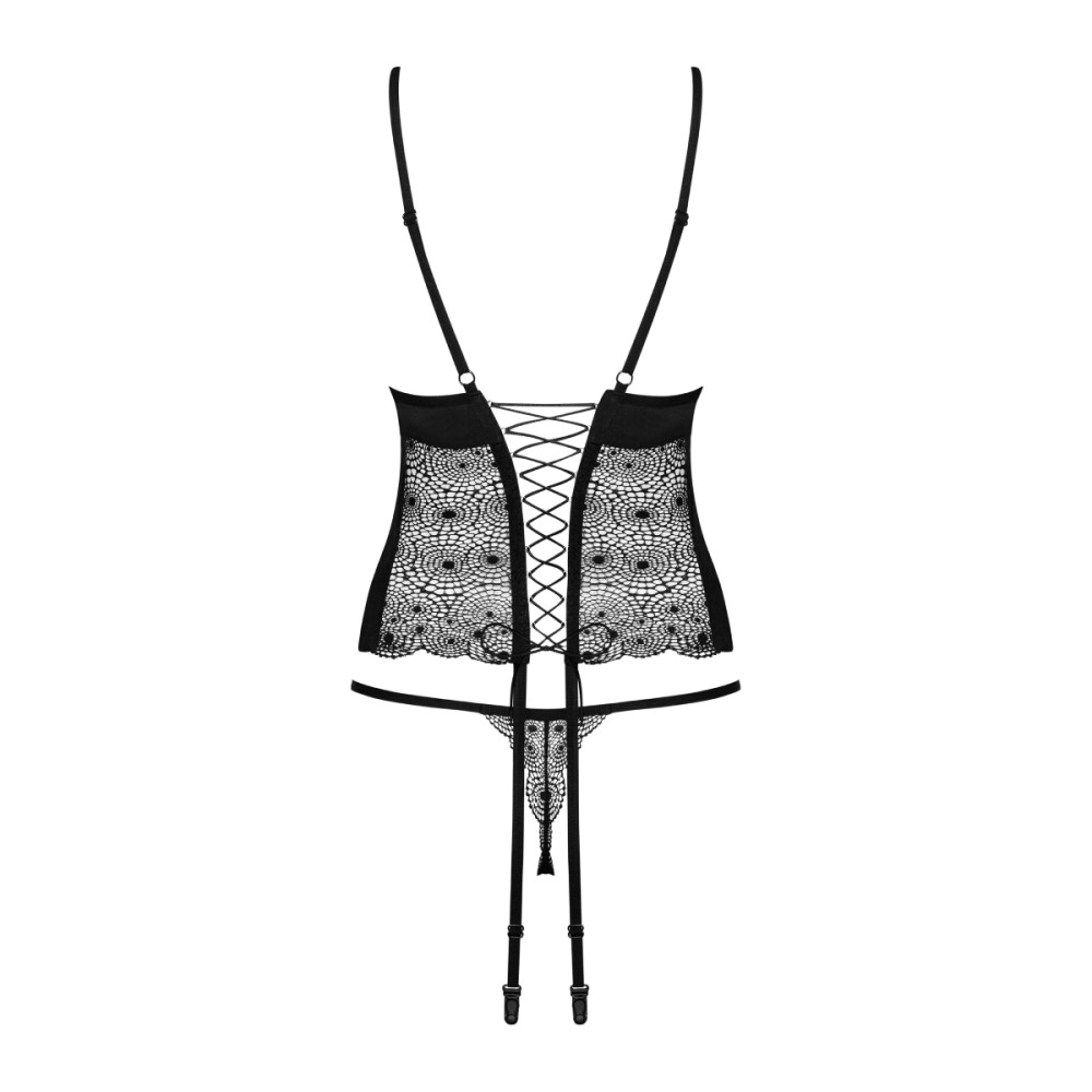 Эротический корсет Obsessive Sharlotte, S/M, кружевной, с пажами для чулок, с трусиками, черный, фото №9 — секс шоп Украина, NO TABOO
