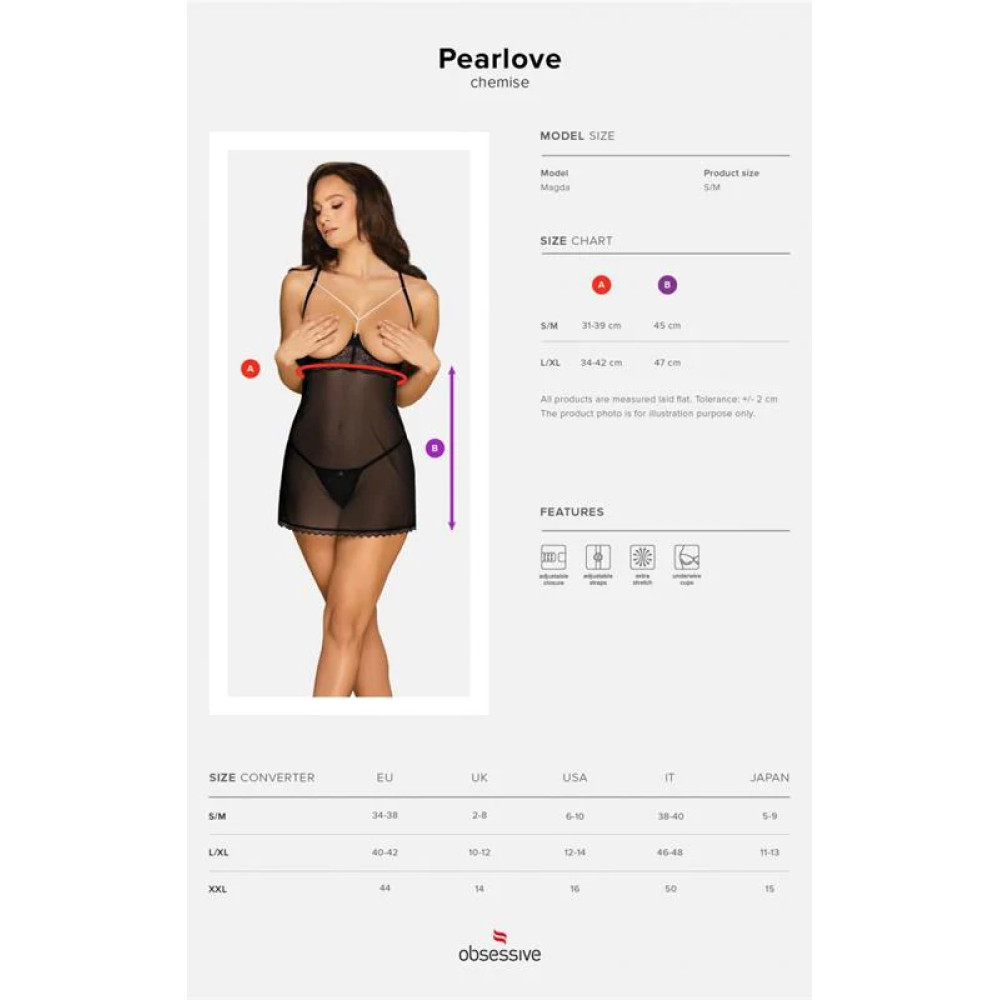 Сексуальный пеньюар Obsessive Pearlove S/M с открытой грудью, полупрозрачный, черный, фото №7 — секс шоп Украина, NO TABOO