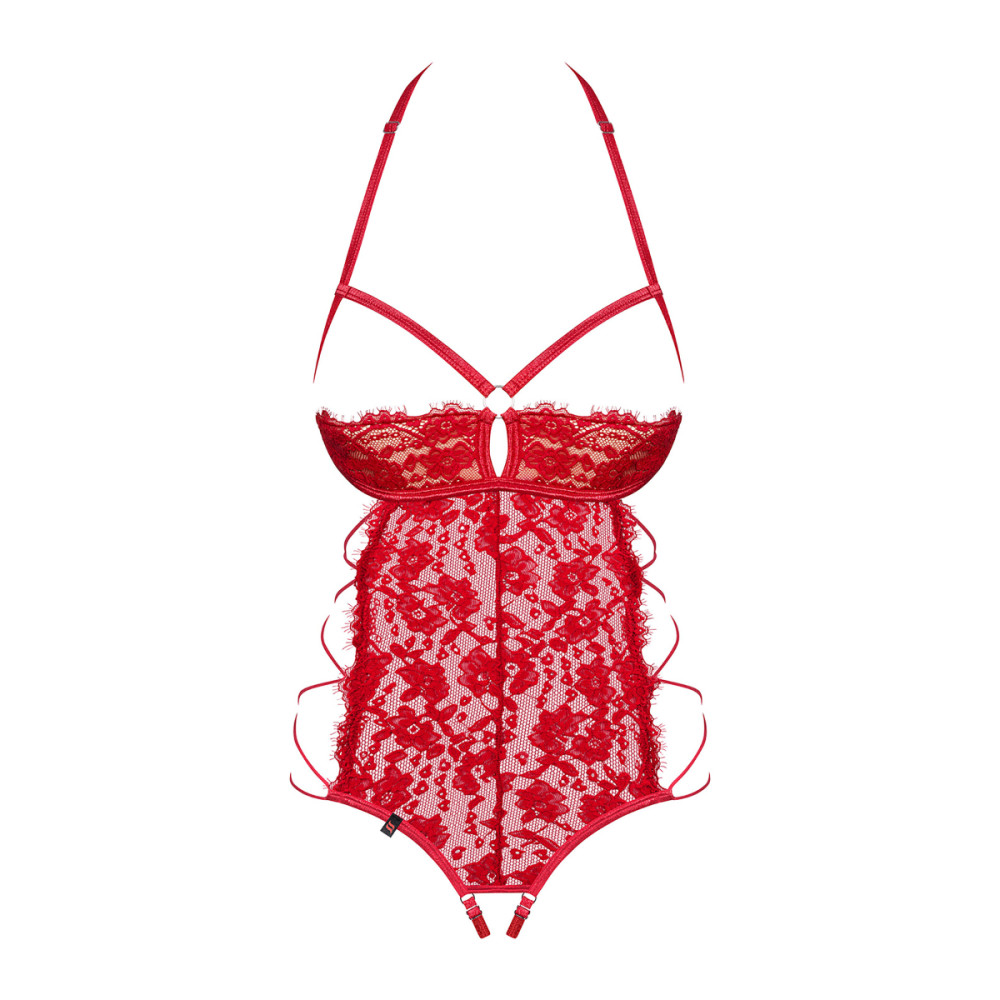 Сексуальное боди Obsessive Rediosa, L/XL, кружевное, с открытой грудью, с интимным вырезом, красное, фото №4 — секс шоп Украина, NO TABOO