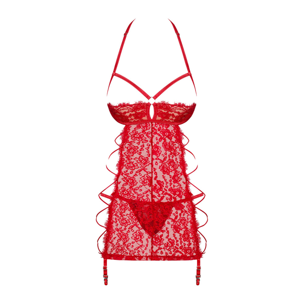 Эротическая сорочка Obsessive Rediosa, L/XL, с пажами для чулок, кружевная, с трусиками, красная, фото №5 — секс шоп Украина, NO TABOO