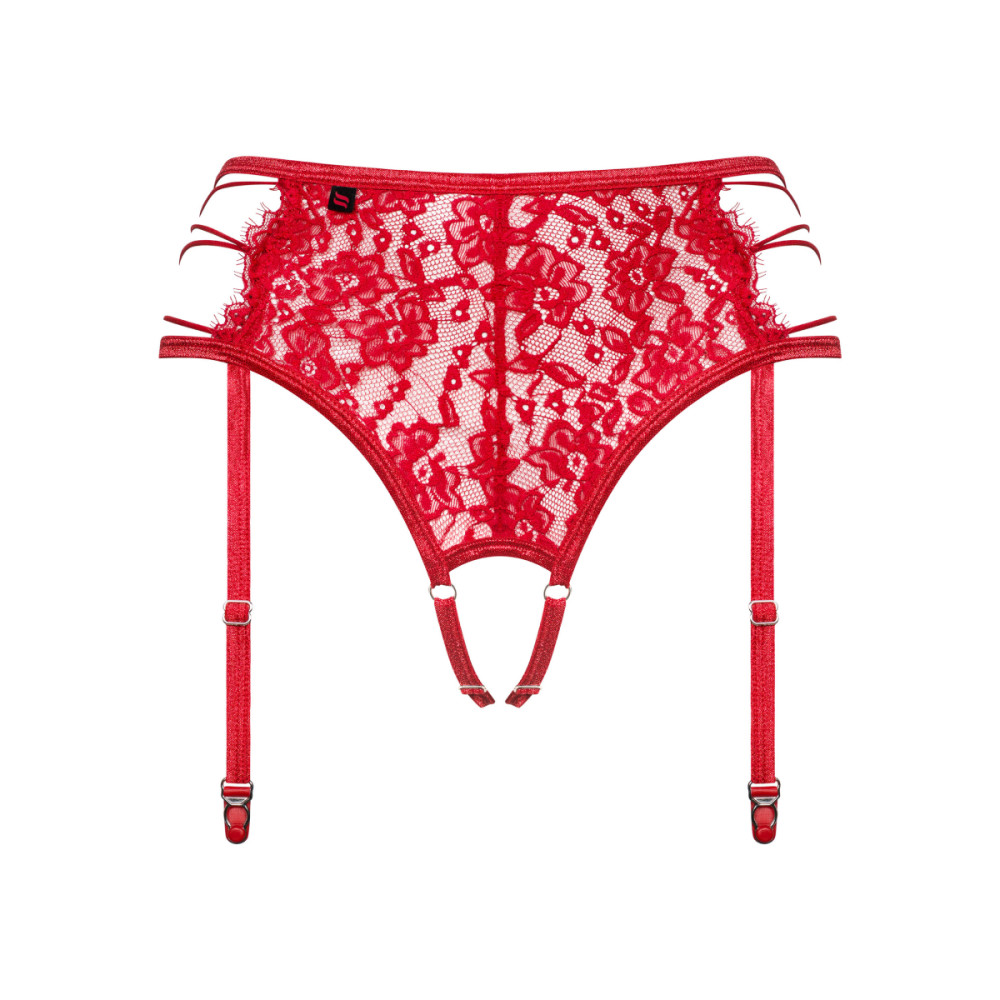 Сексуальные трусики Obsessive Rediosa, L/XL, кружевные, с интимным вырезом, с пажами для чулок, красные, фото №6 — секс шоп Украина, NO TABOO