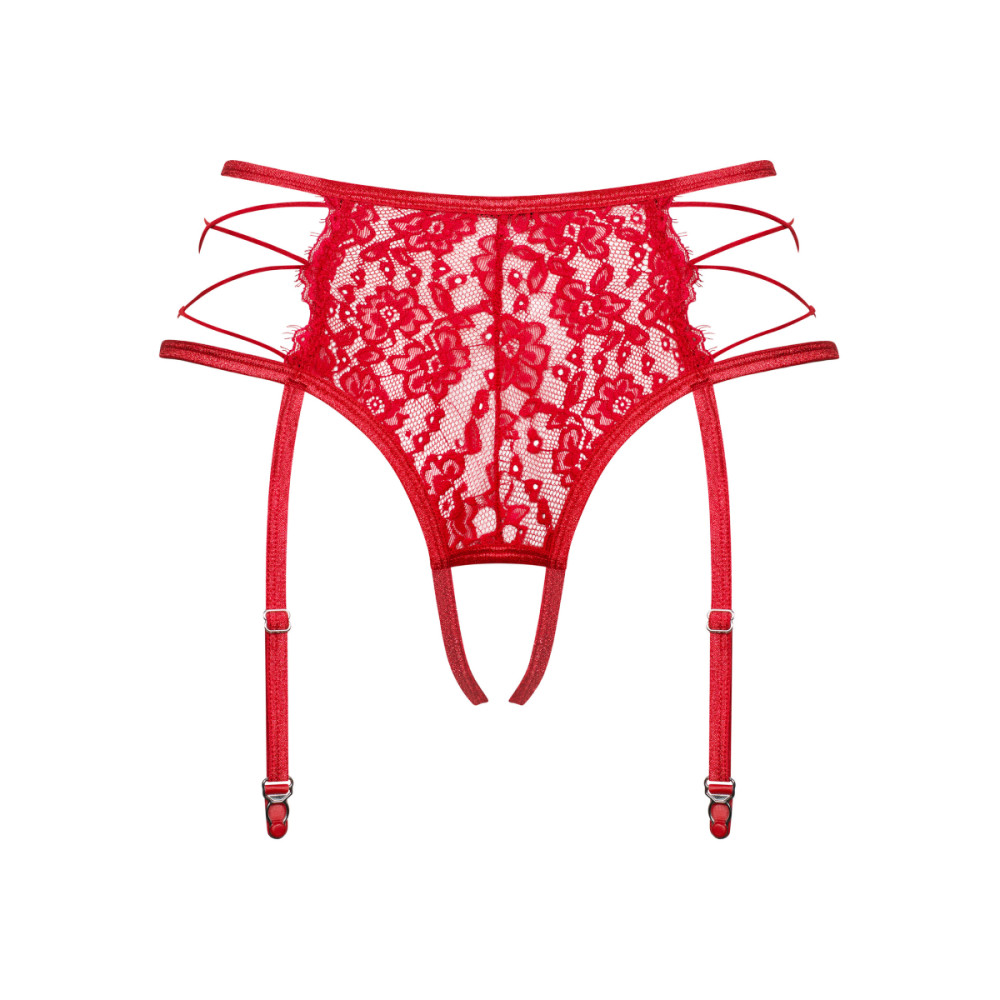 Сексуальные трусики Obsessive Rediosa, L/XL, кружевные, с интимным вырезом, с пажами для чулок, красные, фото №5 — секс шоп Украина, NO TABOO