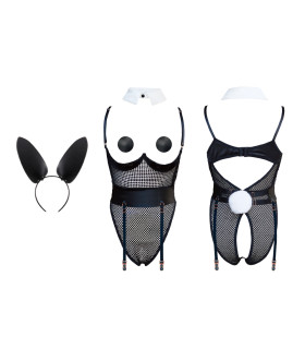 Сексуальний костюм зайчика UPKO Bunny Girl Bodysuit з відкритими грудьми, чорний, S - No Taboo