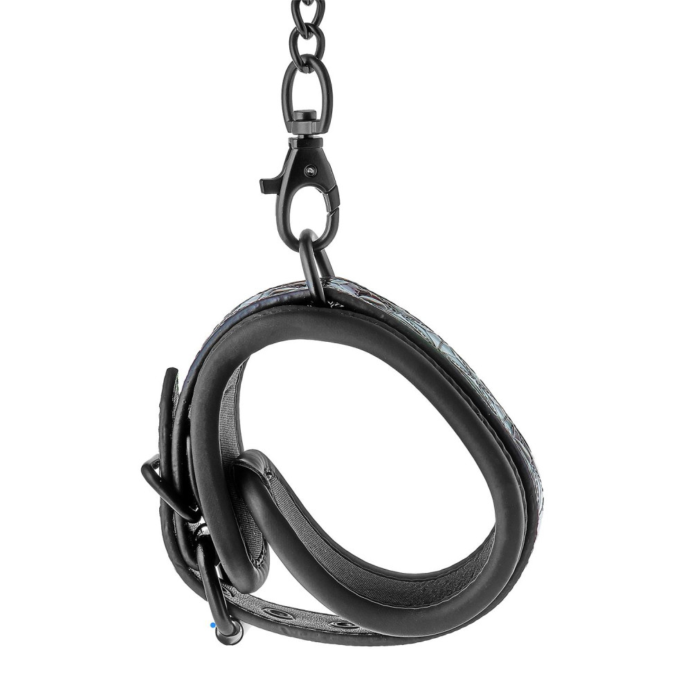 Наручники на цепочке Dreamtoys Blaze с фиолетовым тиснением, чёрные, 40 х 5 см, фото №6 — секс шоп Украина, NO TABOO