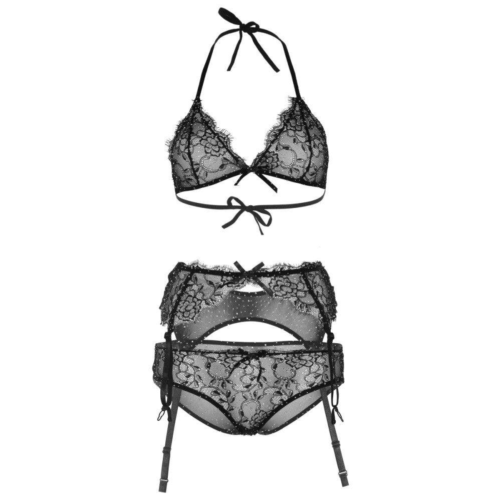 Сексуальный комплект S кружевной с поясом для чулок, со стразами Leg Avenue Rhinestone черный , фото №5 — секс шоп Украина, NO TABOO