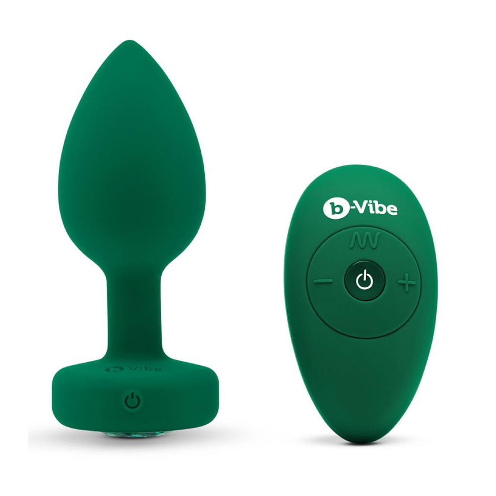 Анальная пробка с камнем с вибрацией M/L B-Vibe с дистанционным пультом управления, зеленая, 10.5 х 4 см фото №3 — секс игрушки: Украина, NO TABOO