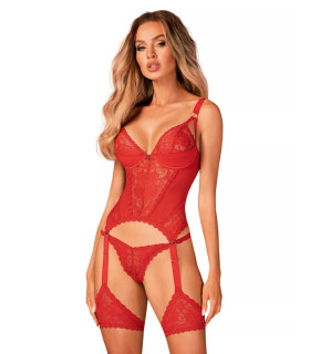 Сексуальный корсет Obsessive Belovya, XS/S, кружевной, с трусиками с интимным доступом, красный - No Taboo
