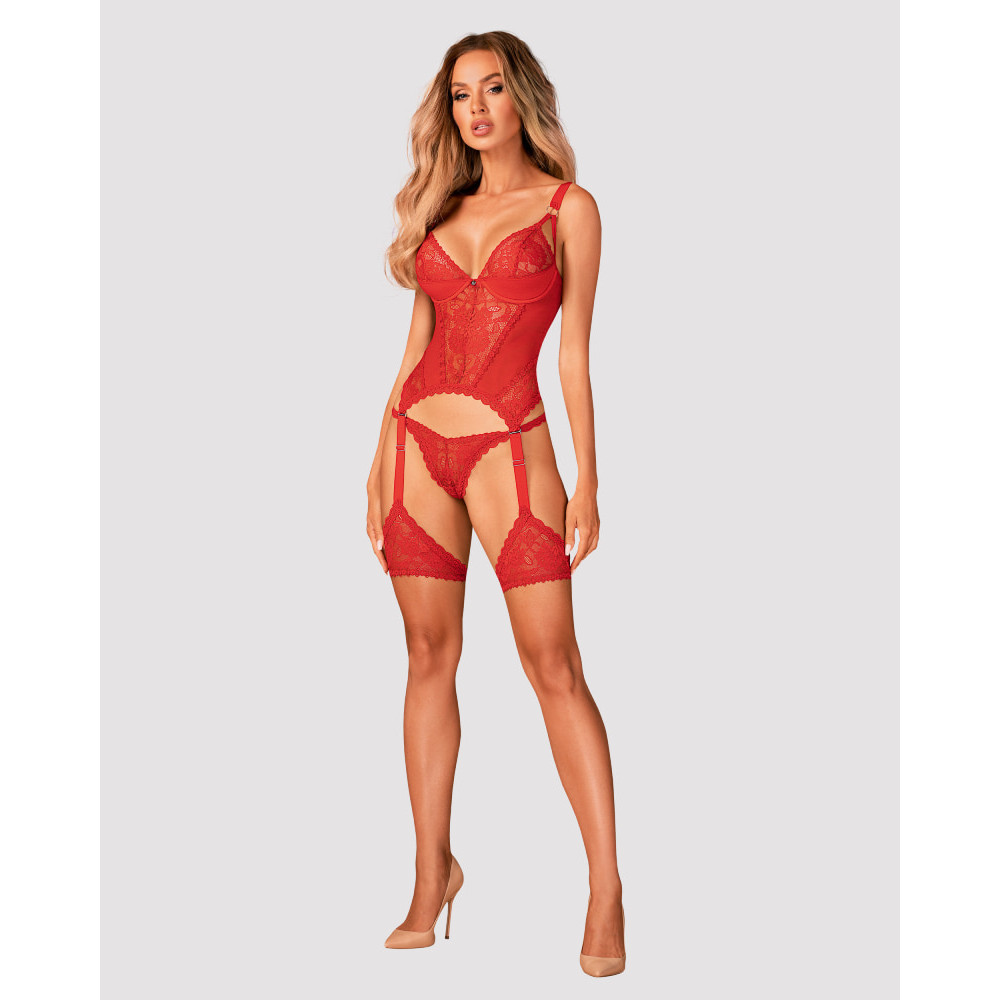 Сексуальный корсет Obsessive Belovya, XS/S, кружевной, с трусиками с интимным доступом, красный , фото №3 — секс шоп Украина, NO TABOO