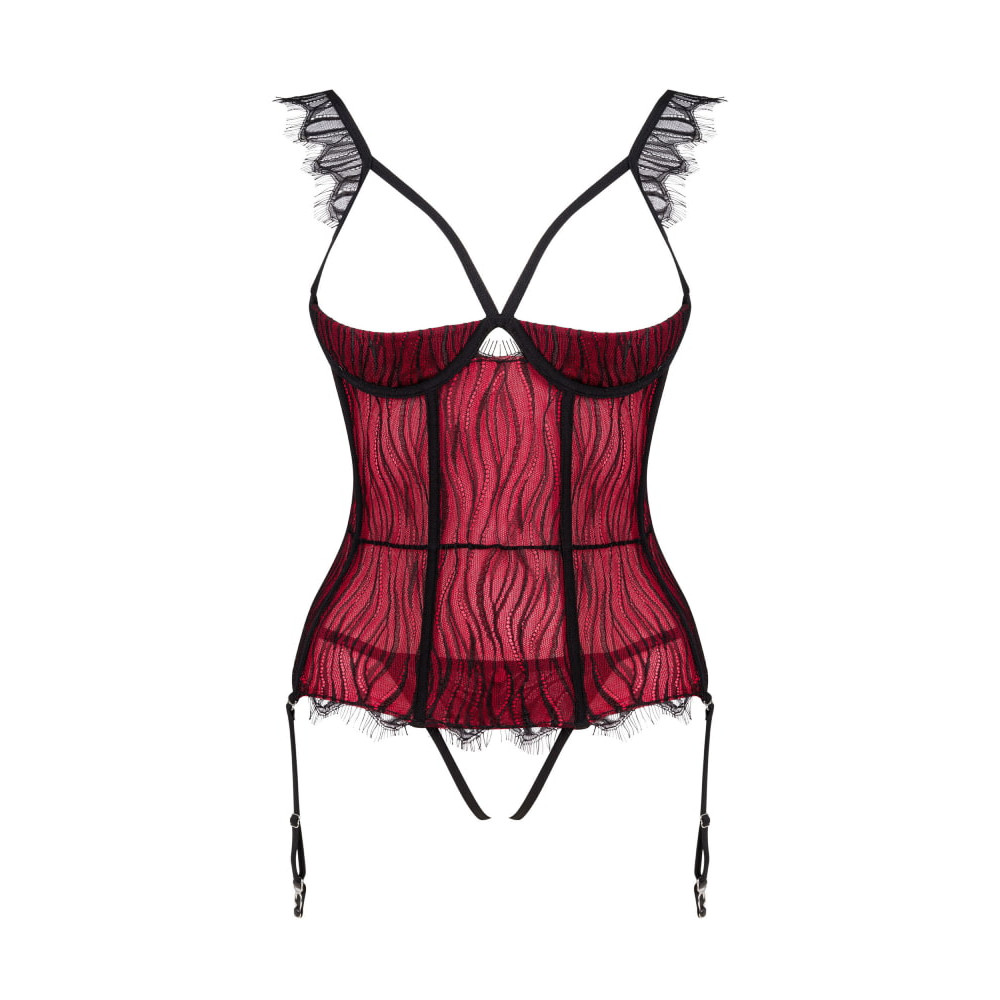 Сексуальный корсет Obsessive Denissa, M/L, с открытой грудью, с трусиками в комплекте, красно-черный, фото №5 — секс шоп Украина, NO TABOO