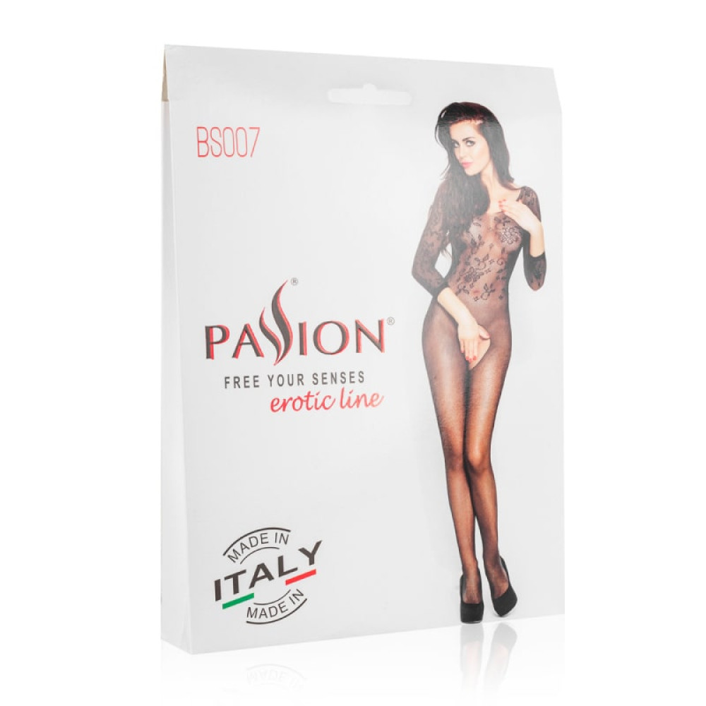 Эротический комбинезон Passion BS007, S-L, в мелкую сетку, с интимным вырезом, с цветочным узором, черный, фото №5 — секс шоп Украина, NO TABOO