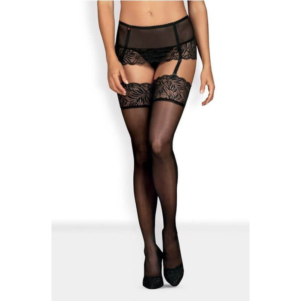 Сексуальные чулки Obsessive Contica, L/XL, с кружевной коронкой, под пояс, черные, фото №0 — секс шоп Украина, NO TABOO