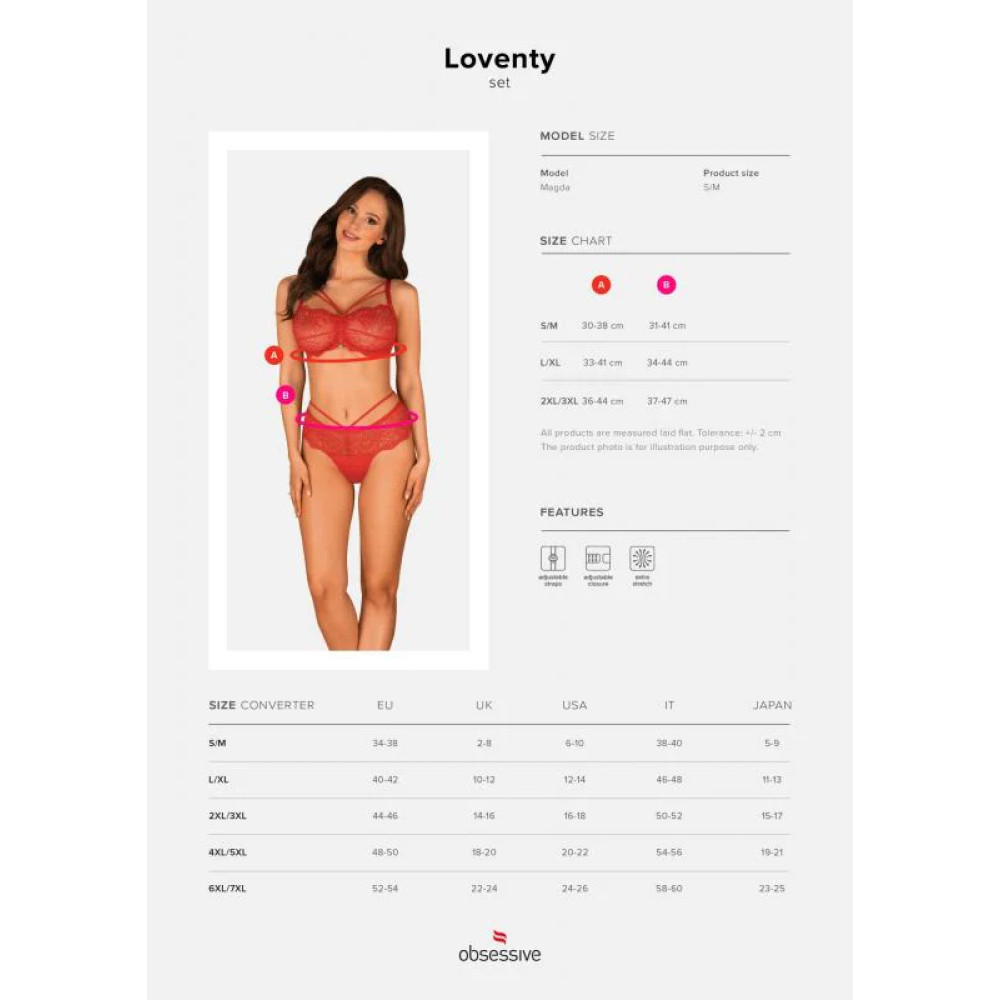 Сексуальный комплект Obsessive Loventy, S/M, кружевной, красный, фото №6 — секс шоп Украина, NO TABOO
