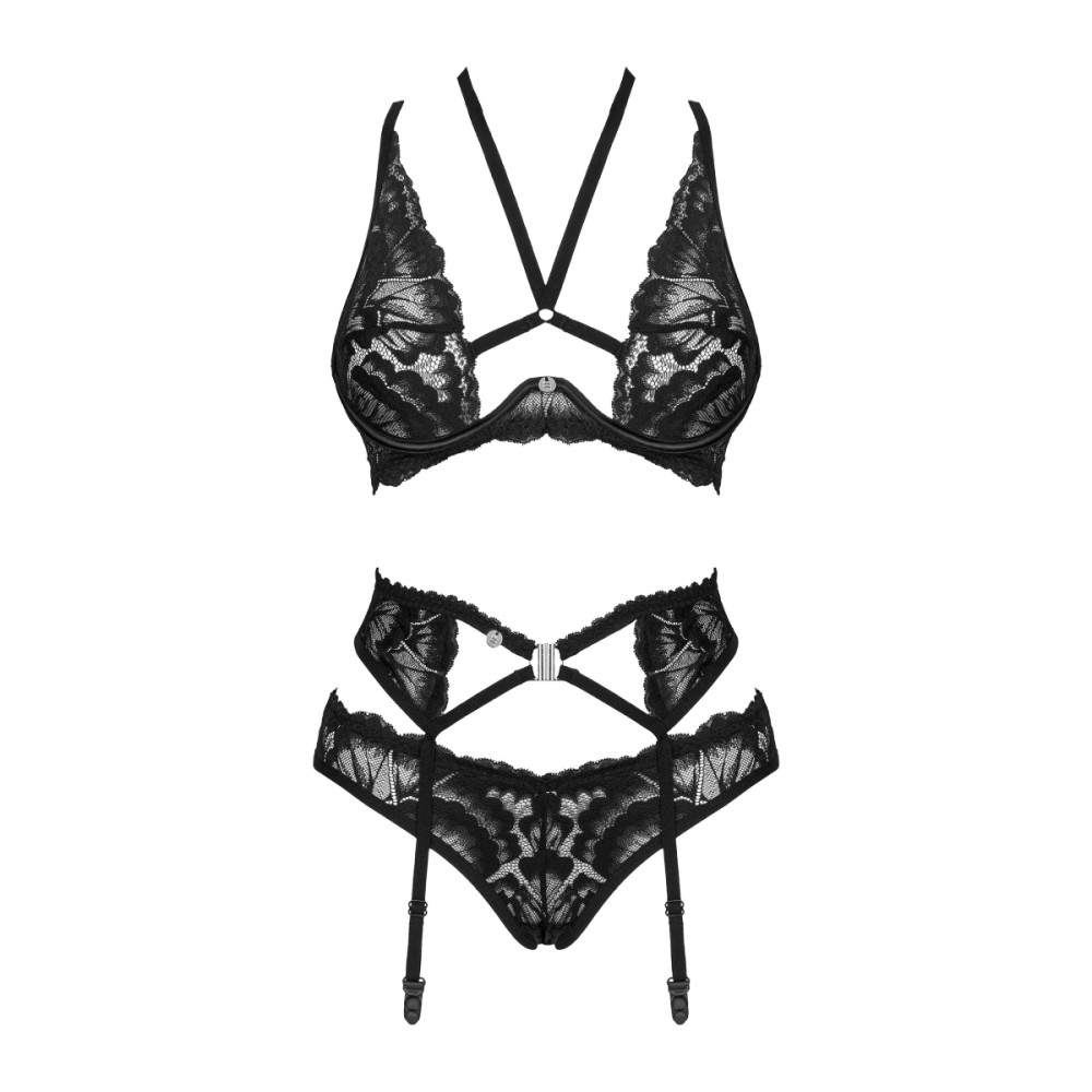 Сексуальный комплект Obsessive Alessya, M/L, из трех предметов, кружевной, черный , фото №5 — секс шоп Украина, NO TABOO