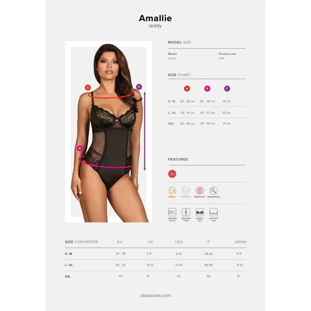 Сексуальное боди Obsessive Amallie, S/M, кружевное, полупрозрачное, черное, фото №7 — секс шоп Украина, NO TABOO