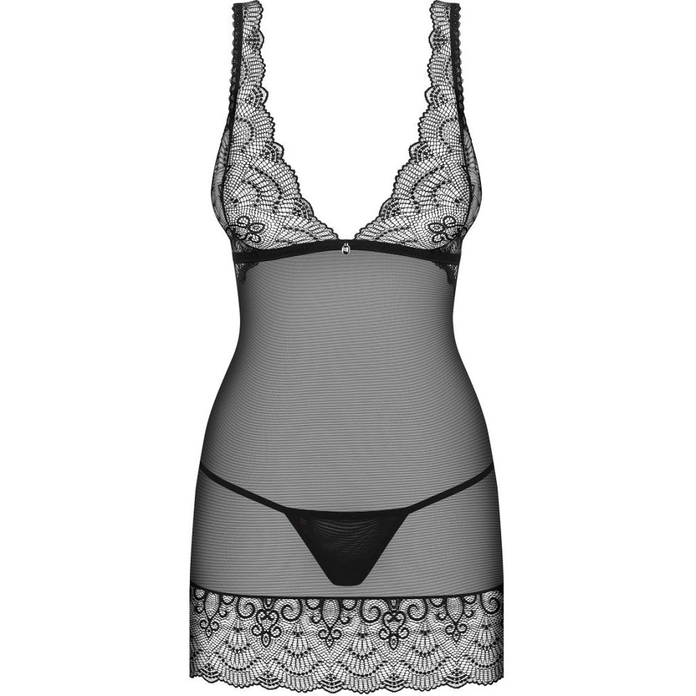 Сексуальный пеньюар Obsessive Firella, L/XL, полупрозрачный, кружевной, трусики в комплекте, черный, фото №5 — секс шоп Украина, NO TABOO