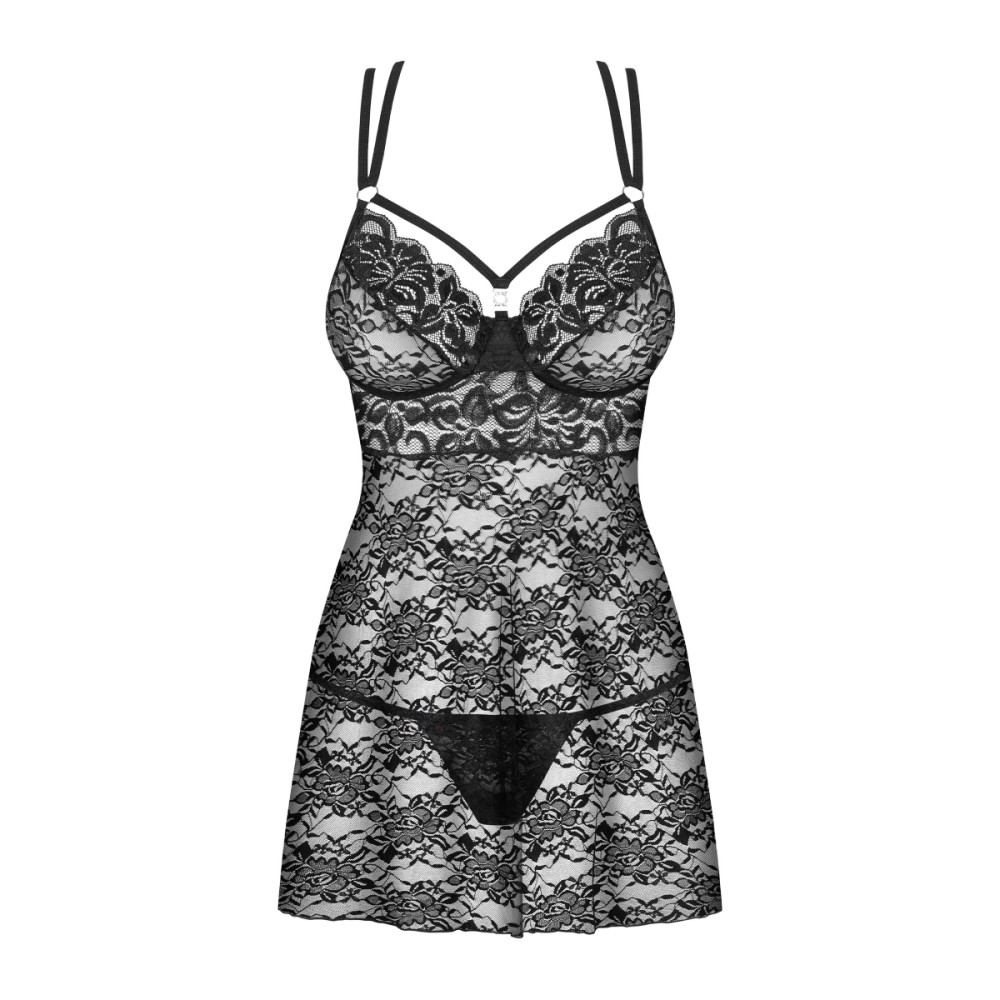 Сексуальный пеньюар Obsessive 860-BAB-1, S/M, кружевной, со стрингами, черные, фото №4 — секс шоп Украина, NO TABOO