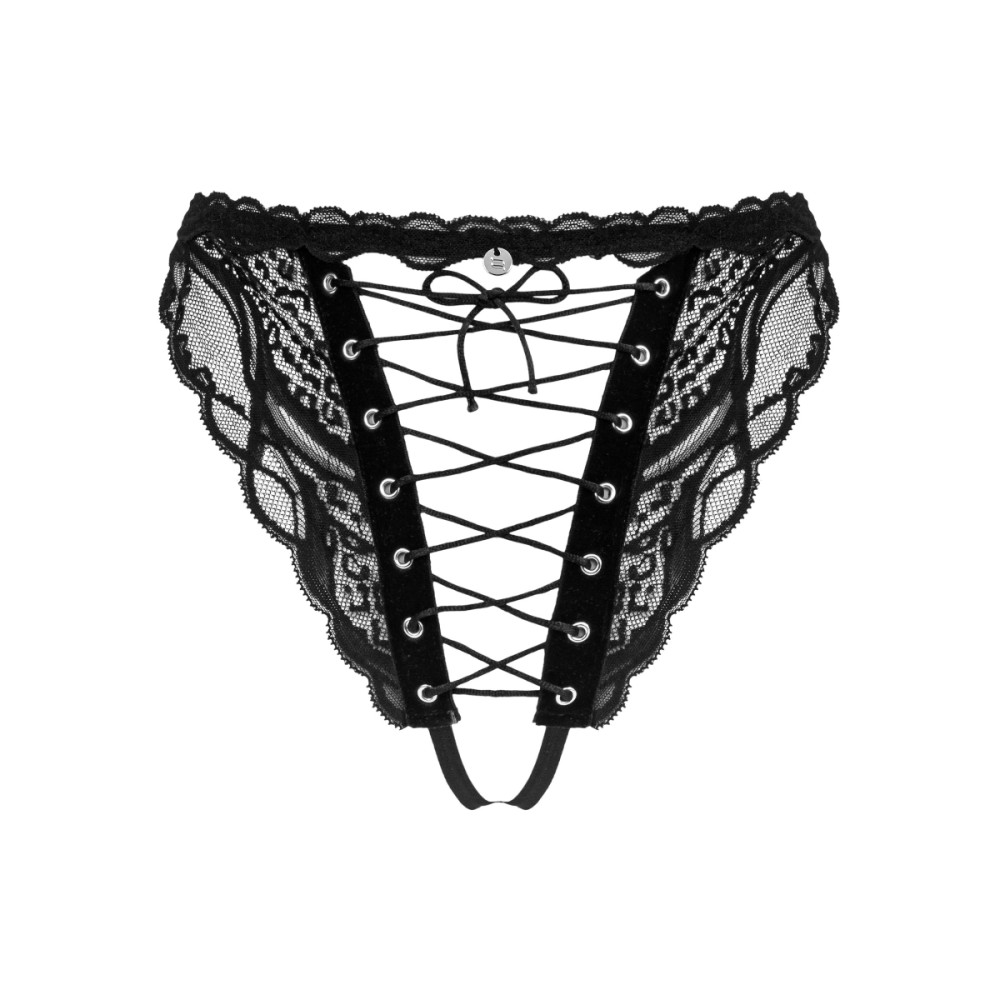 Сексуальные стринги Obsessive Sedila, S/M, с интимным вырезом, кружевные, со шнуровкой, черные, фото №5 — секс шоп Украина, NO TABOO