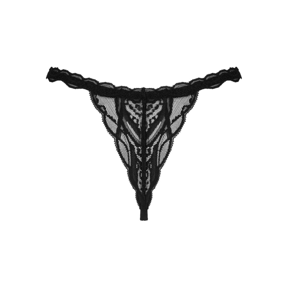Сексуальные стринги Obsessive Sedila, S/M, с интимным вырезом, кружевные, со шнуровкой, черные, фото №6 — секс шоп Украина, NO TABOO