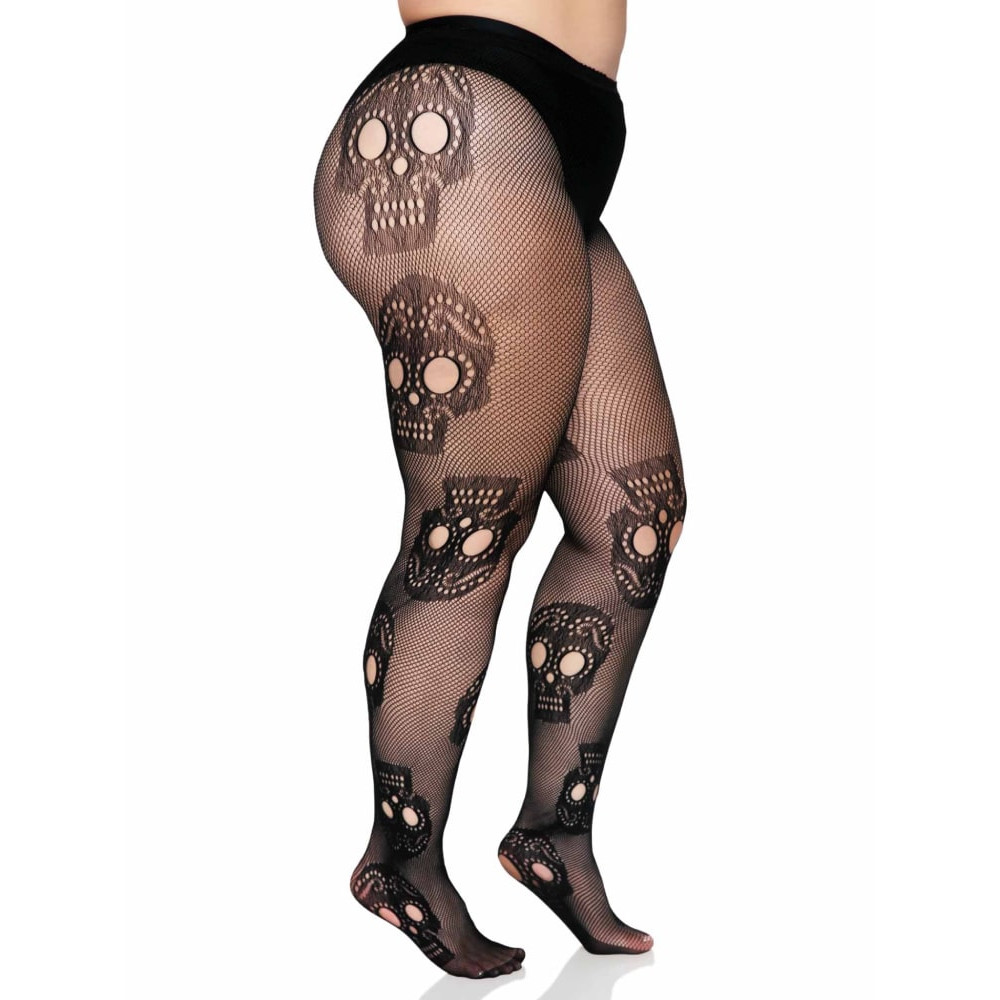  Сексуальные колготки Leg Avenue Sugar Skull, XL-XXL, в мелкую сетку, с черепами, черные, фото №3 — секс шоп Украина, NO TABOO