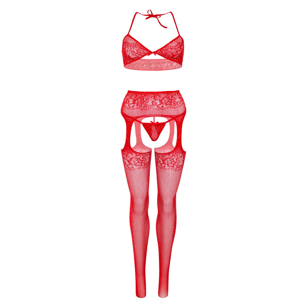 Сексуальный комплект Leg Avenue Rhinestone, OS, из трех частей, со стразами, в мелкую сетку, красный, фото №6 — секс шоп Украина, NO TABOO