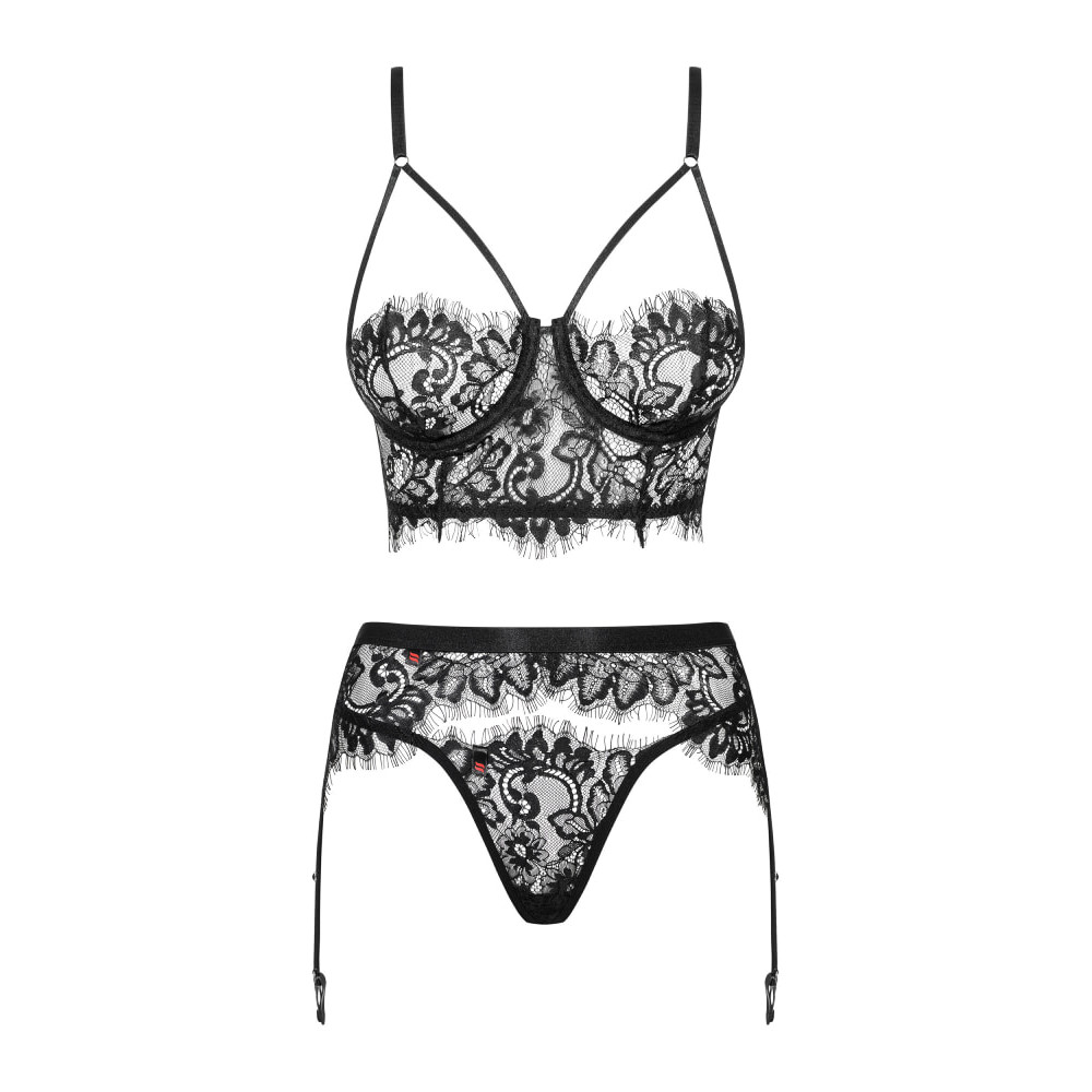 Сексуальный комплект Obsessive Lashy, L/XL, из трех частей, кружевной, черный, фото №5 — секс шоп Украина, NO TABOO