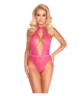 Сексуальное боди кружевное с глубоким декольте, S/M, Kissable розовое - No Taboo
