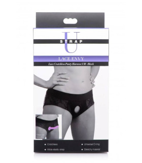 Трусики для страпона с интимным доступом, L/XL, Strap U, с кружевом, черные - No Taboo