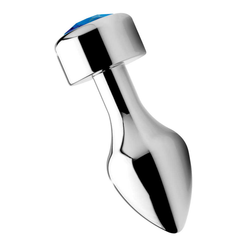 Анальная пробка металлическая XR Brands Booty Sparks с синим камнем, серебристая, 10.6 x 3.8 см фото №3 — секс игрушки: Украина, NO TABOO