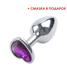 Анальная пробка, М, с фиолетовым камнем в форме сердца (смазка в подарок), металлическая, 8.5 x 3.5 - No Taboo