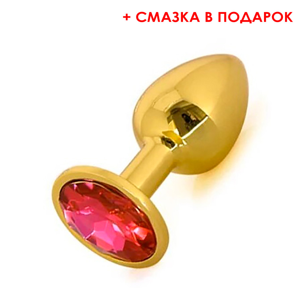 Анальная пробка, М, с красным камнем (смазка в подарок), золотая, 8.5 x 3.5 см фото №0 — секс игрушки: Украина, NO TABOO