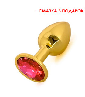 Анальная пробка, М, с красным камнем (смазка в подарок), золотая, 8.5 x 3.5 см - No Taboo