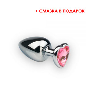 Анальная пробка, М, Silver Heart Pink Topaz металлическая (смазка в подарок) - No Taboo