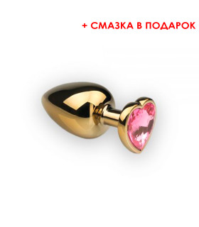 Металева анальна пробка серце (змазка в подарунок), Gold Heart Pink Topaz M - No Taboo
