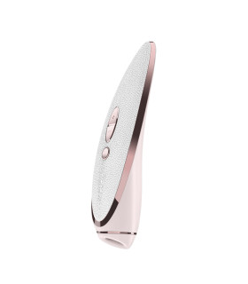 Вакуумный стимулятор Satisfyer Luxury Pret-a-Porter White с кожаной вставкой, розово-белый, 19.2 х 4 см - No Taboo