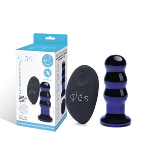 Анальная пробка из стекла с вибро GLAS, на дистанционном управлении, синяя - No Taboo