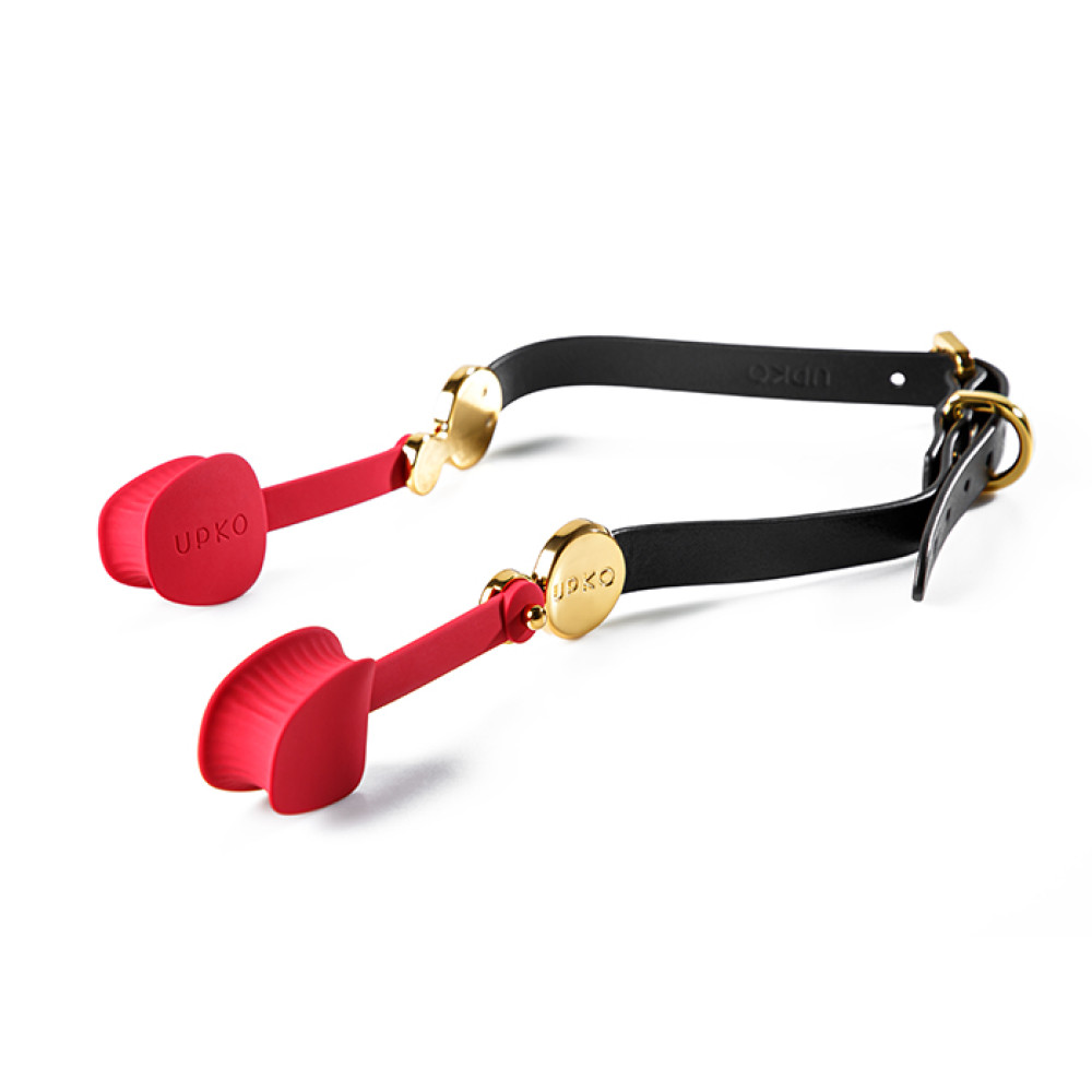 Кляп из силикона невидимый UPKO Invisible mouth Gag с ремешком из итальянской кожи, красный с черным, фото №2 — секс шоп Украина, NO TABOO