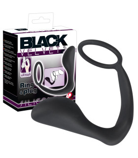 Эрекционное кольцо с анальной пробкой Black Velvets Ring & Plug, черное - No Taboo