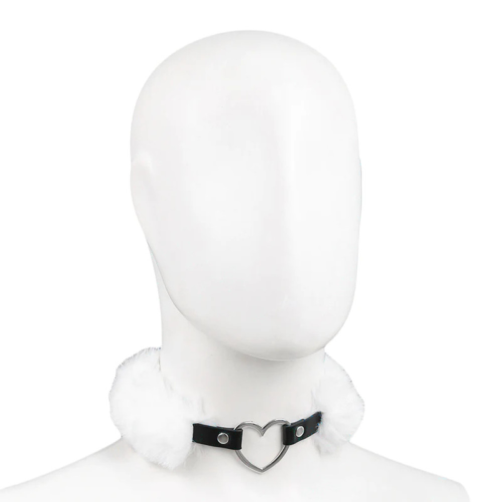 Ошейник с кольцом-сердечком IDEA SM с искусственным мехом, черно-белый, фото №2 — секс шоп Украина, NO TABOO