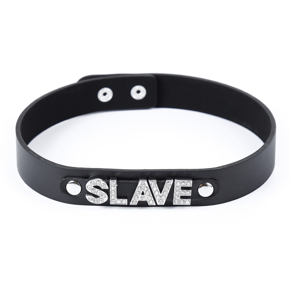 Ошейник из искусственной кожи IDEA SM с надписью SLAVE со стразами, черный, 2 см, фото №0 — секс шоп Украина, NO TABOO