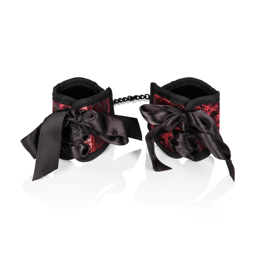 Наручники текстильные California Exotics Scandal Corset Cuffs, черно-красные, фото №0 — секс шоп Украина, NO TABOO