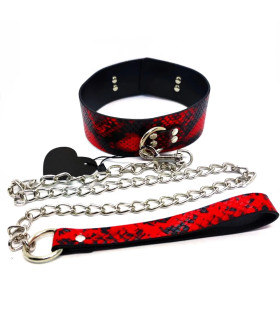 Ошейник с поводком дизайн змеиной кожи Fetish Collar, красно-черный - No Taboo