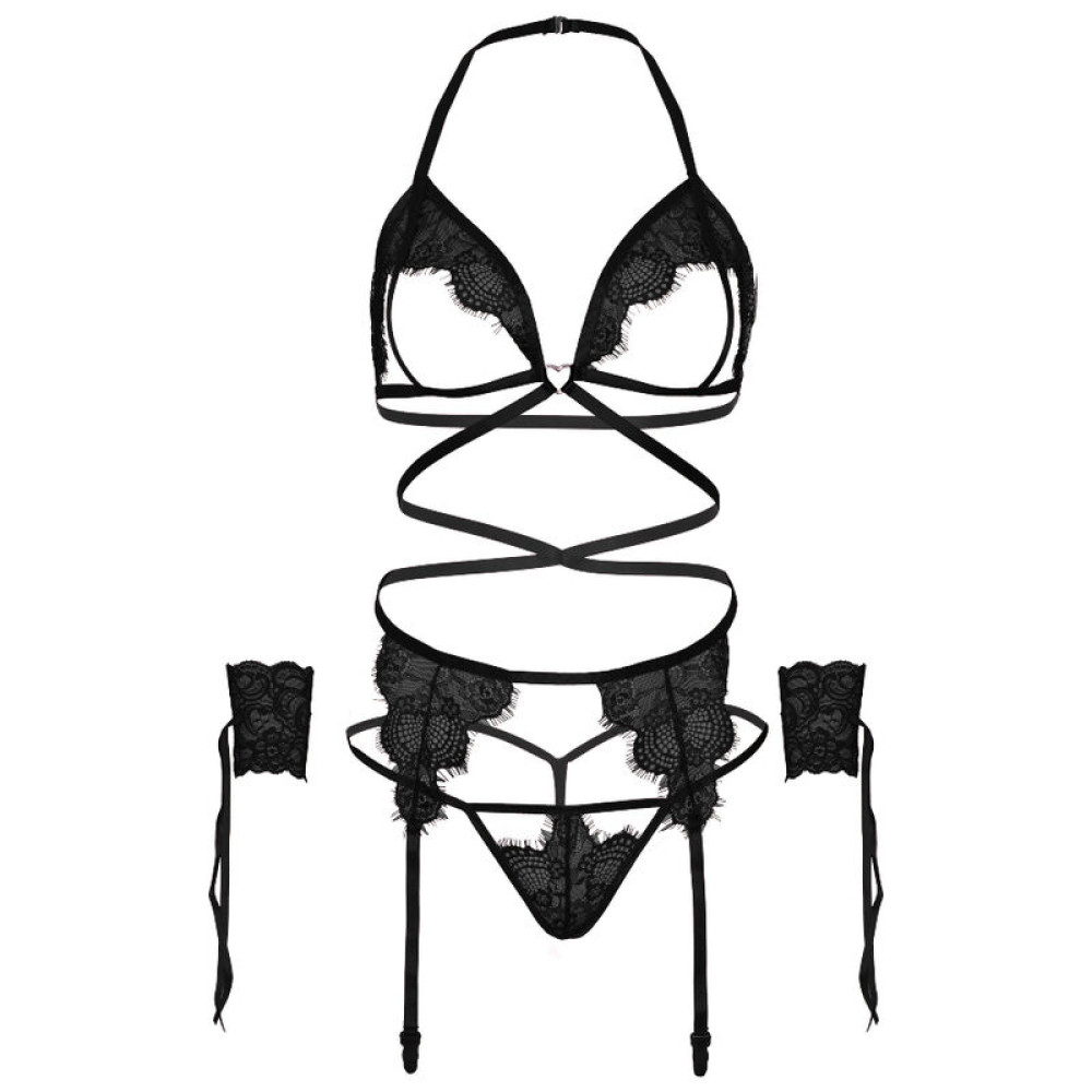 Комплект сексуального белья Leg Avenue Eyelash Lace Open Cup, размер One Size, черный, фото №7 — секс шоп Украина, NO TABOO