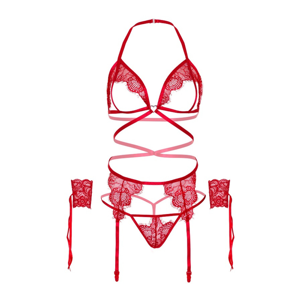 Комплект сексуального белья Leg Avenue Eyelash Lace Open Cup, размер One Size, красный, фото №7 — секс шоп Украина, NO TABOO