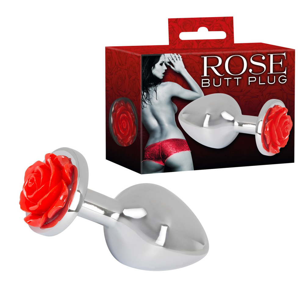 Анальная пробка, 3.4 см х 9 см, металлическая, с красной розой, Rose Butt Plug фото №0 — секс игрушки: Украина, NO TABOO